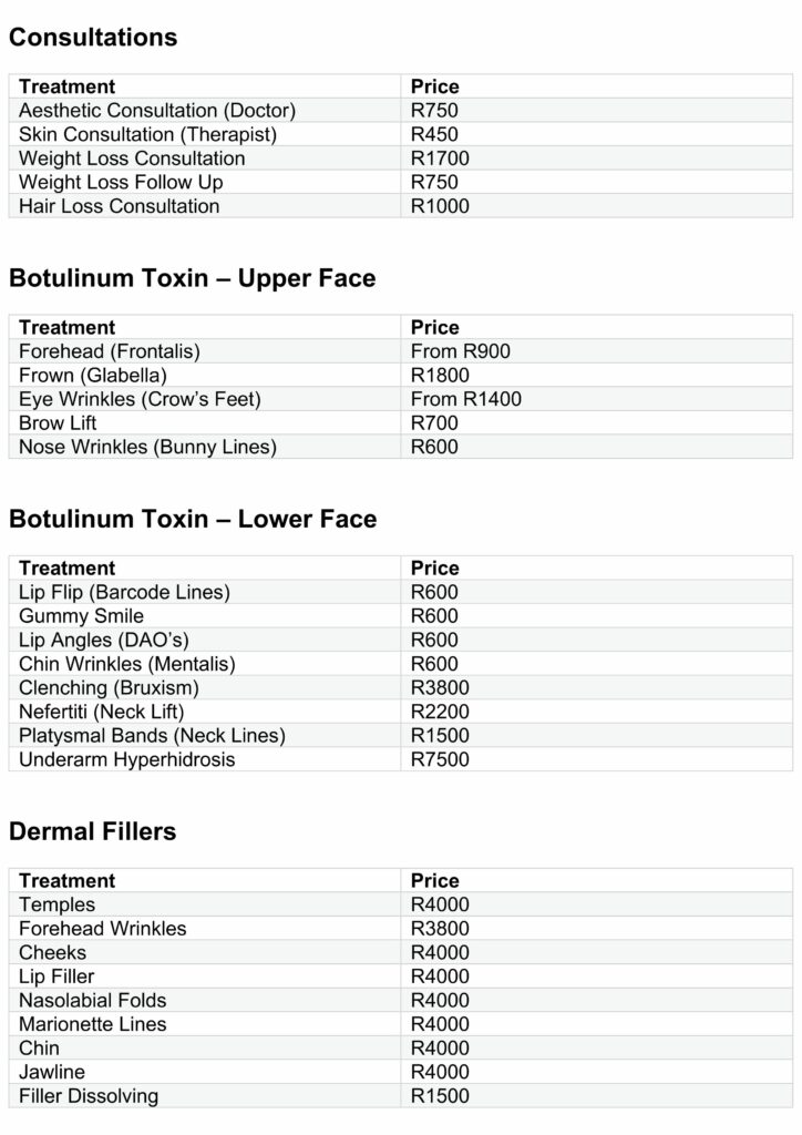 Dr Liza Bean Pricelist page 1