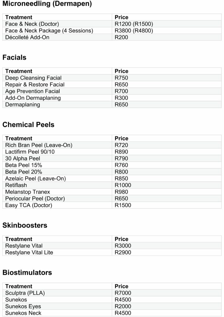 Dr Liza Bean Pricelist page 2